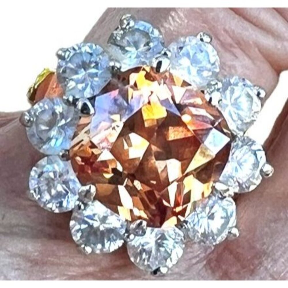 Heated Citrine & Rhinestone Ring Size 8 Brilliant Cut Engagement - Picture 6 of 12
